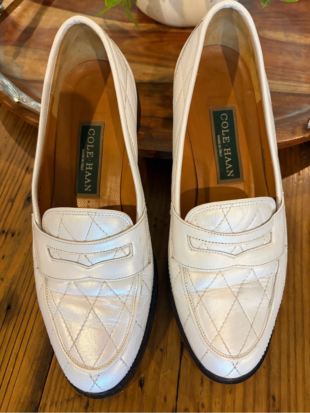 Cole Haan White Quilted Leather Penny Loafers